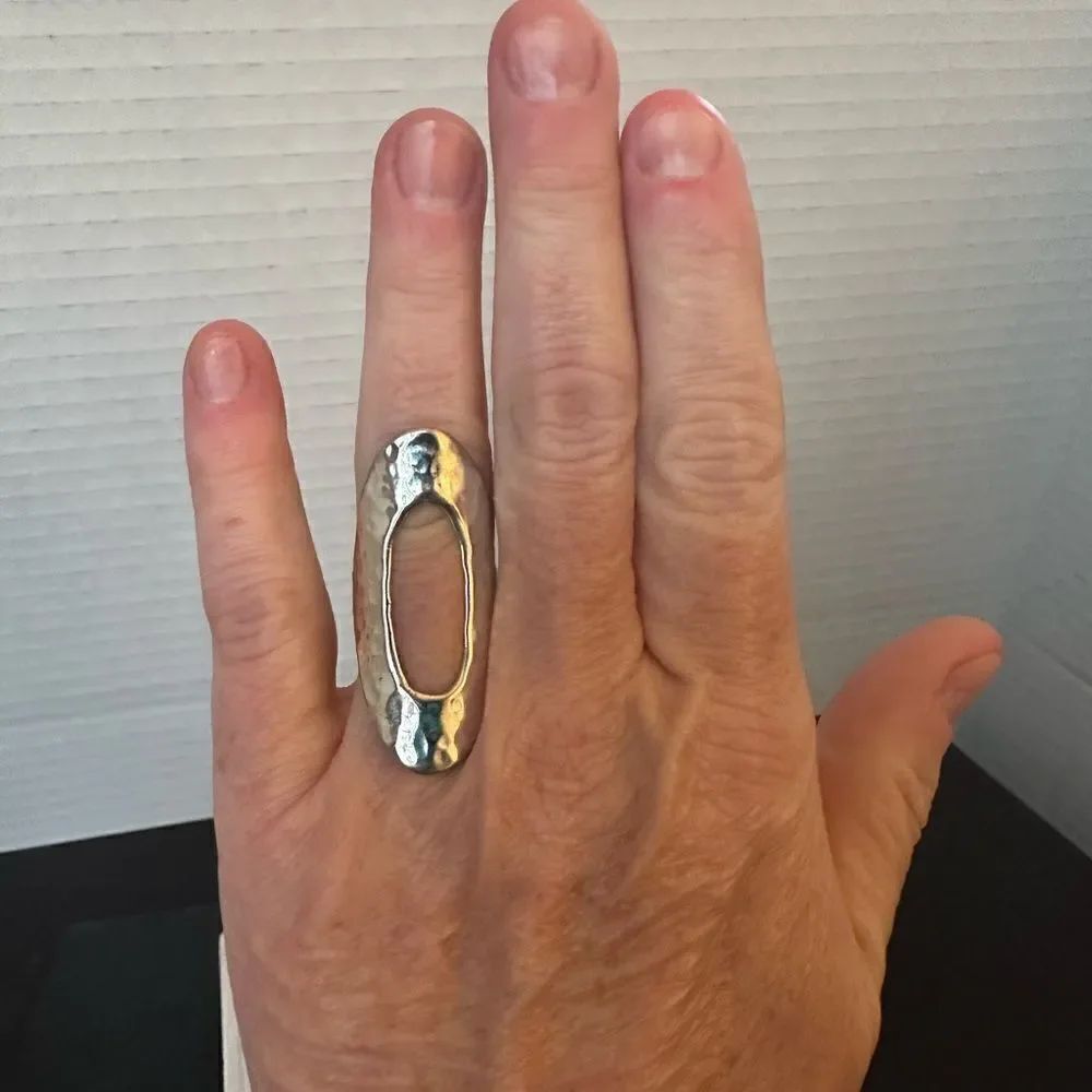 Silver plated hammered open oval ring